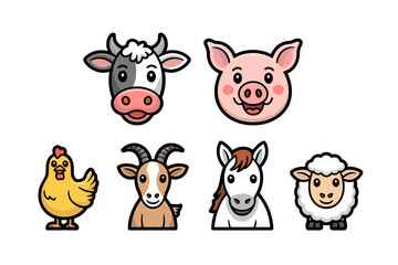 Farm animals icon set, cow pig chicken goat donkey sheep, cute farm friends, cartoon vector, countryside design