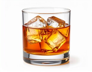A crystal whiskey glass filled with amber liquid and ice cubes