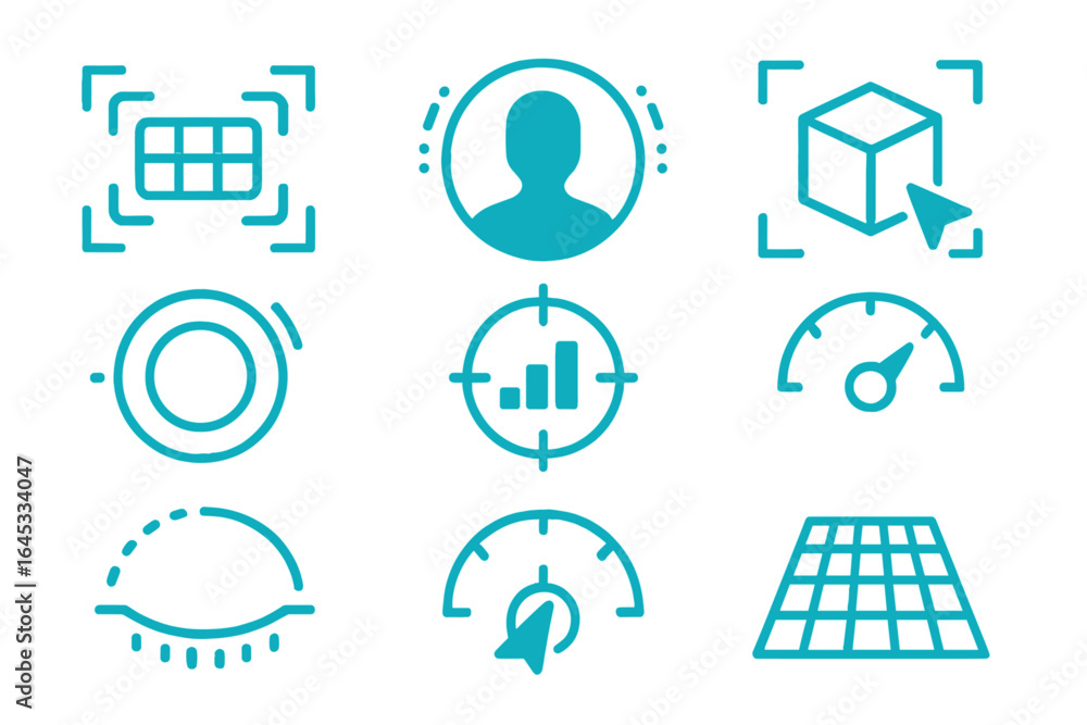 Poster symbols representing digital interfaces and data visualization features for user engagement and anal