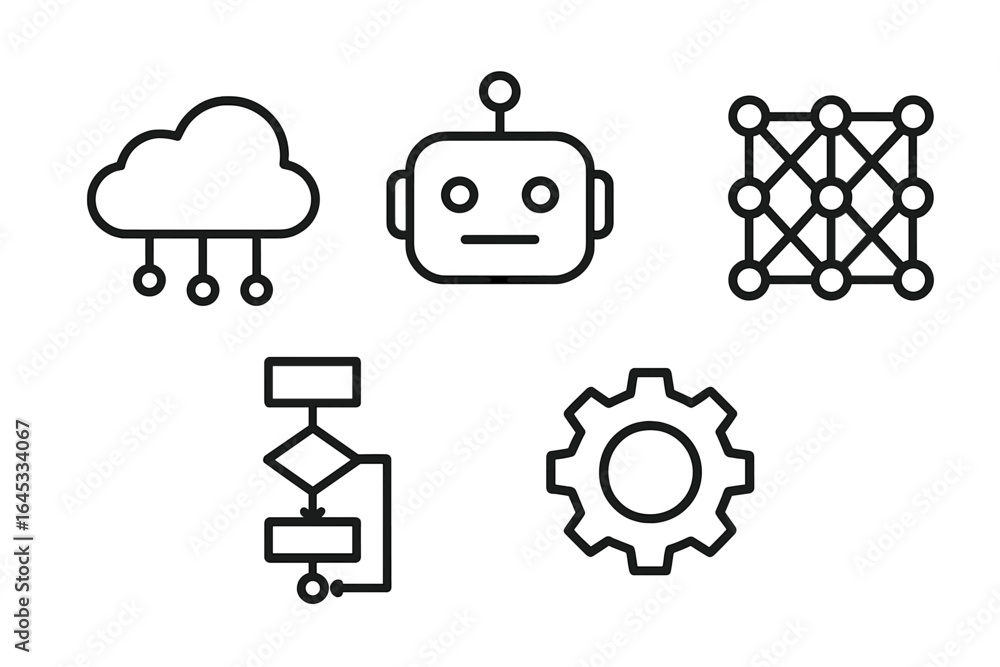 Poster technology concepts in a minimalist design featuring cloud computing, robotics, networks, and system