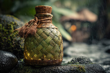 Close-up botol arak Bali dengan detail anyaman daun kelapa yang kering, simpul-simpul tradisional terlihat jelas, ditempatkan di atas batu alam dengan embun pagi, ultra fokus dan tekstur tinggi 