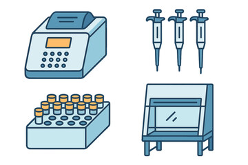 Laboratory equipment including a PCR machine, pipettes, test tubes, and a biological safety cabinet shown in a contemporary design