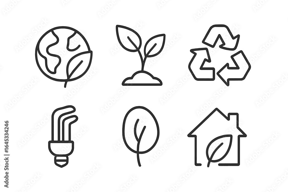 Poster illustrating sustainable practices with eco-friendly symbols and icons in a clean design