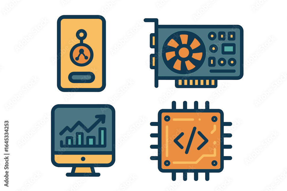 Poster graphic elements representing technology concepts like data analytics, computer hardware, and coding