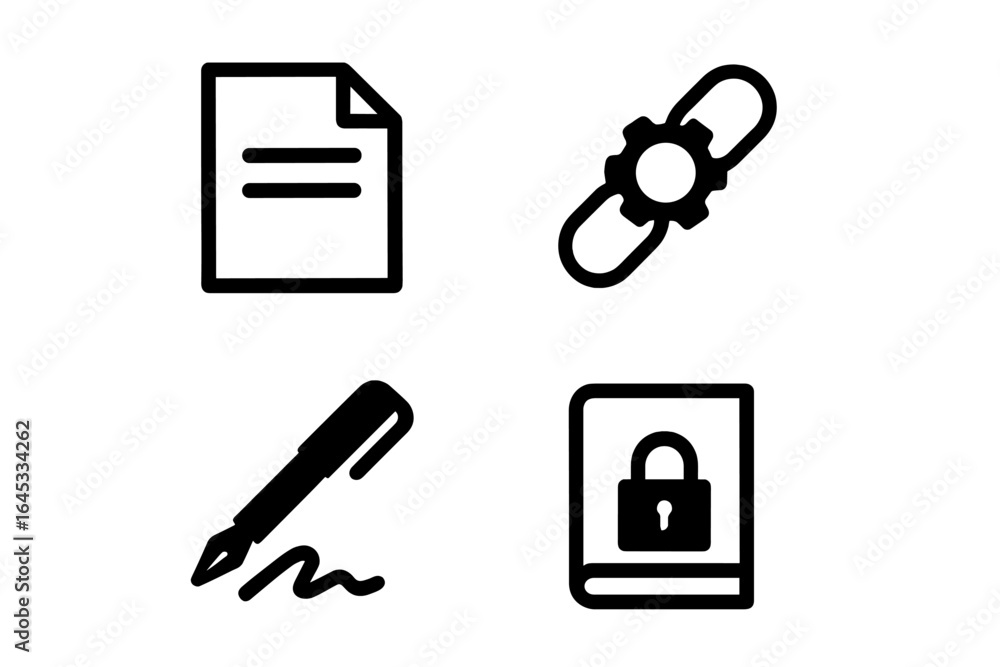 Poster various icons representing documentation, security, and writing in a minimalist style