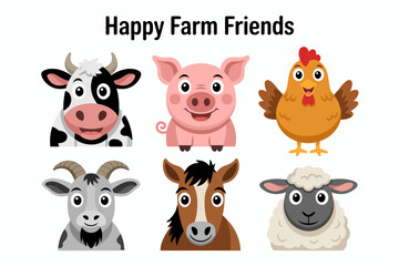 Happy farm faces, cow pig chicken donkey sheep, smiling animal badges, flat cartoon vector, kids design