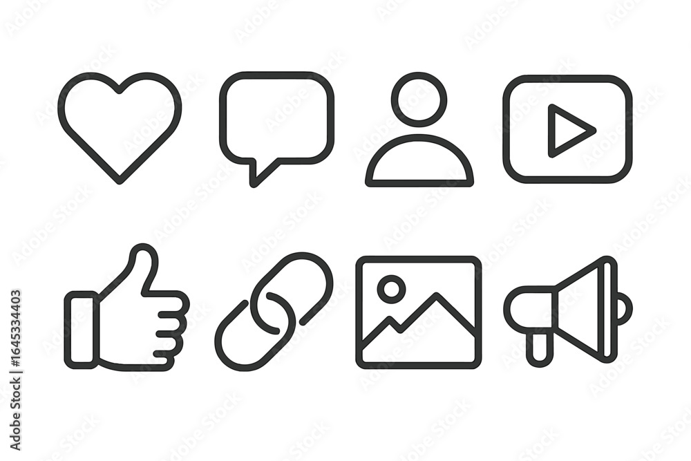 Poster set of simple icons representing social media interactions and features on a digital platform