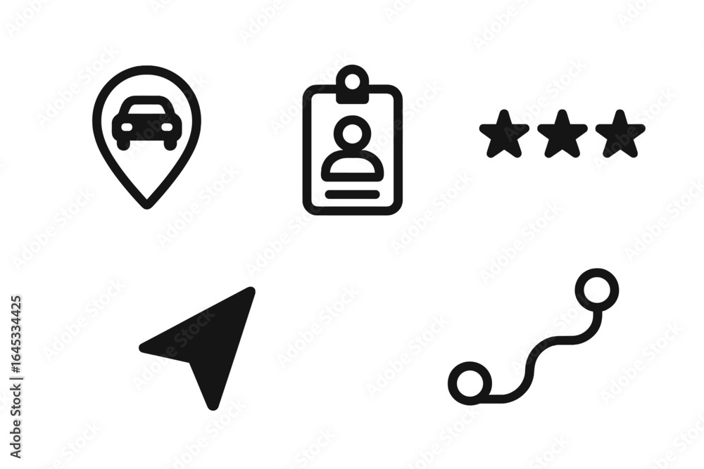 Poster icons representing navigation, identification, and rating in a digital interface for travel and serv
