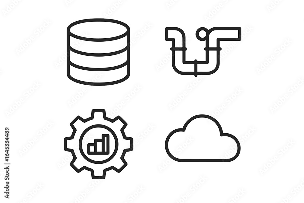 Poster modern data management symbols illustrating cloud computing, databases, data pipelines, and analytic