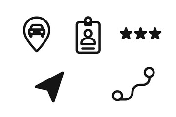 Icons representing navigation, identification, and rating in a digital interface for travel and services