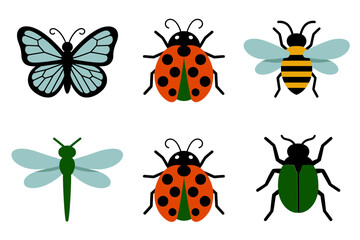 Butterfly and pollinator set, dragonfly ladybird bee green beetle, spring garden vector, bright insect icons, nature design