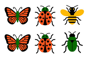 Spring insect icons, butterfly ladybug bee beetle, garden bugs, colorful vector, nature theme