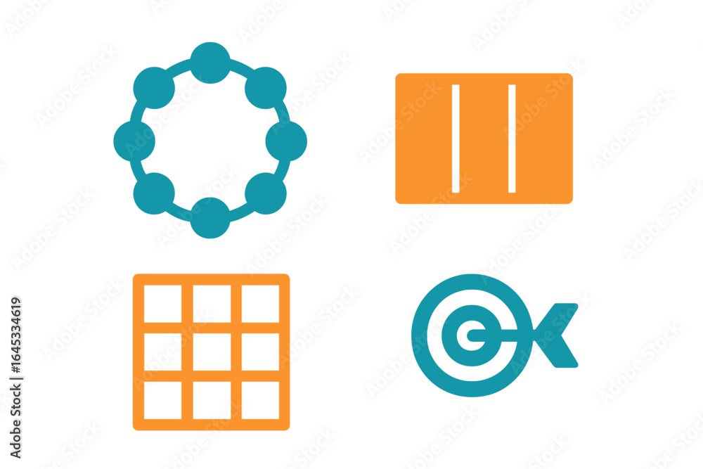 Poster various geometric shapes and symbols displayed in contrasting colors against a light background