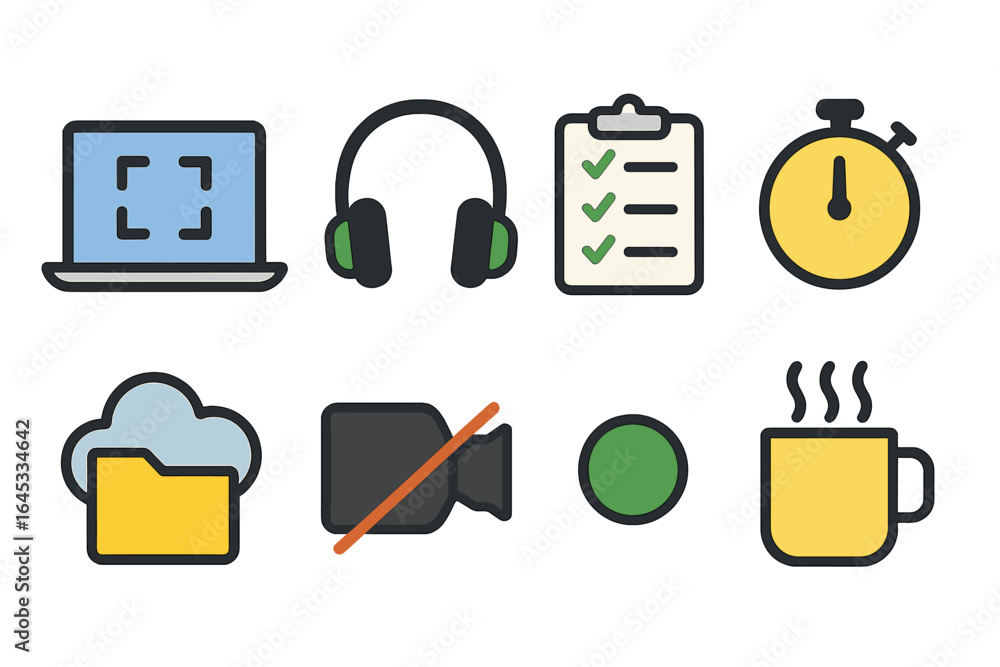 Poster digital workspace elements featuring tools for productivity and remote work