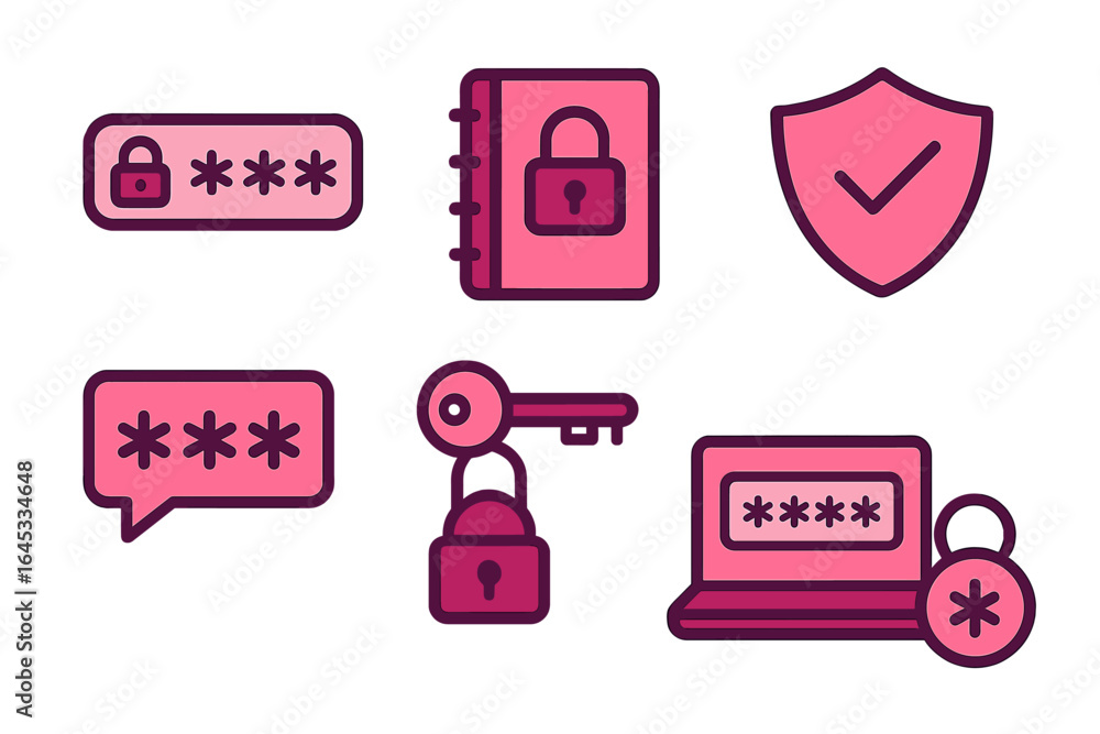 Poster set of security icons highlighting password protection and data privacy in a modern, digital design 