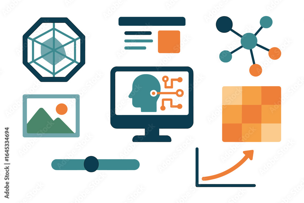 Poster digital illustrations of data analytics concepts featuring computer screens, graphs, and geometric s