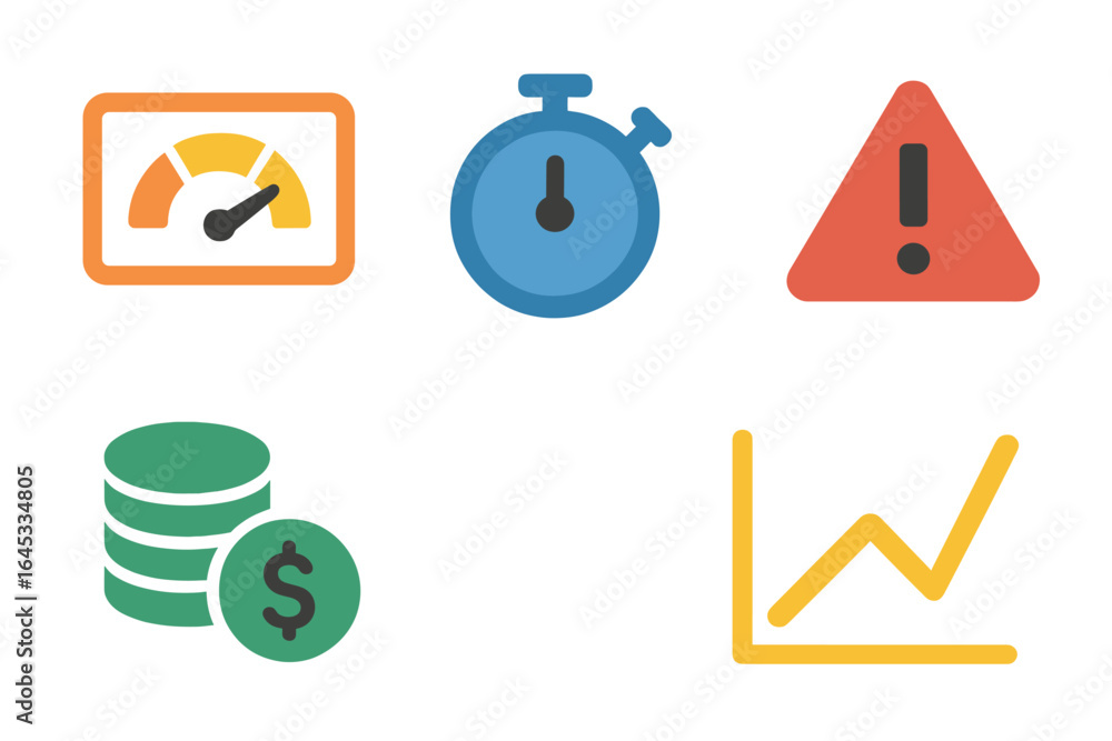 Poster visual symbols representing time management, financial growth, warning signs, and performance metric