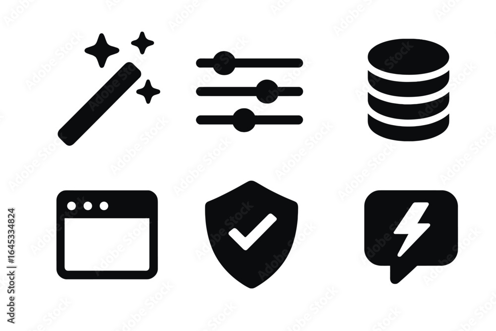 Poster icons representing digital tools for enhancing software functionality and user experience in modern 