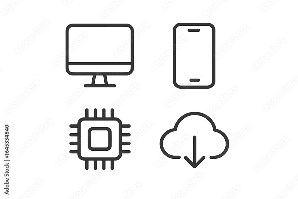 Poster technology icons representing computer, smartphone, processor, and cloud storage in modern digital d