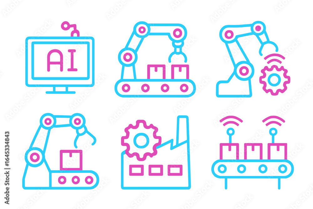 Poster collection of robotic and automation icons representing artificial intelligence in modern manufactur