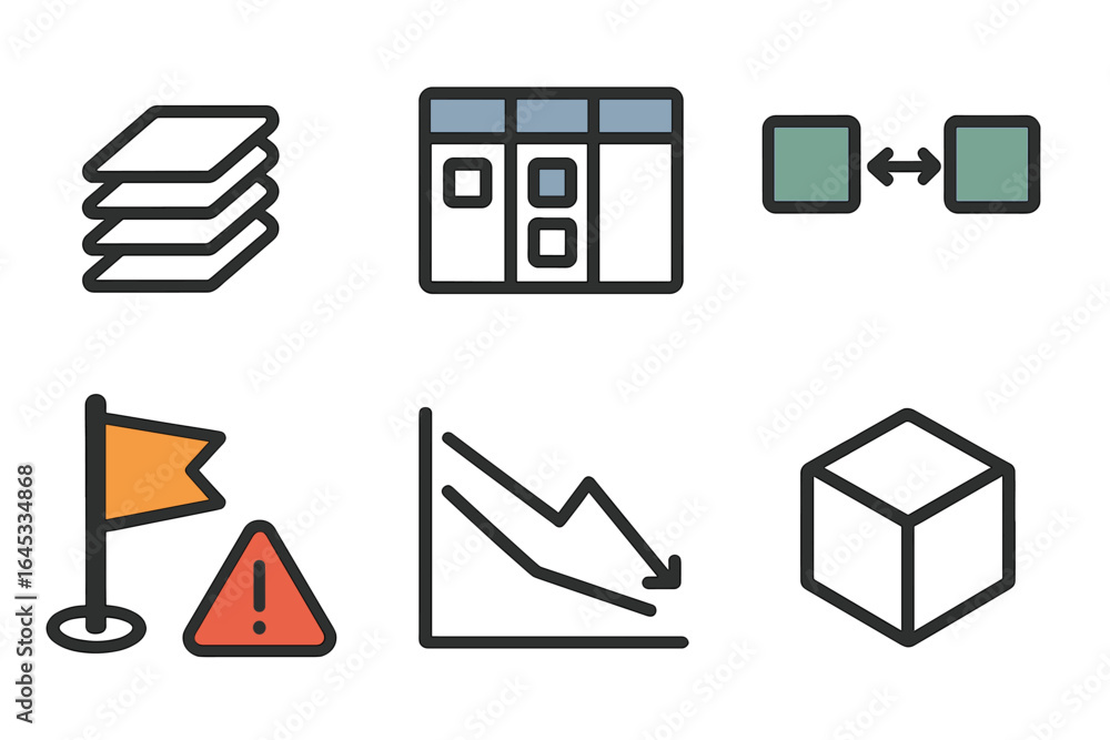 Aufkleber graphical representations of business concepts including data visualization, decline indicators, and
