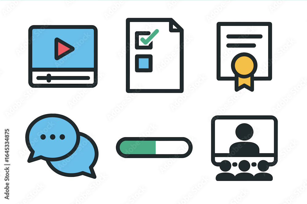 Aufkleber digital elements showcase online learning concepts with video, documentation, and communication feat