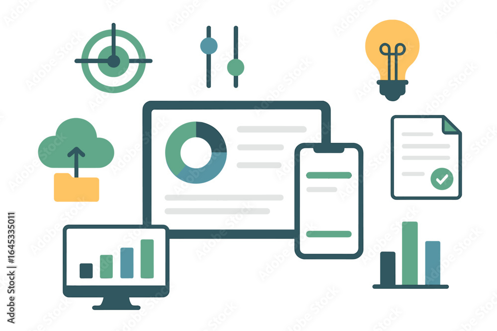 Poster data analysis tools and visualizations displayed on modern devices with graphs, charts, and icons fo
