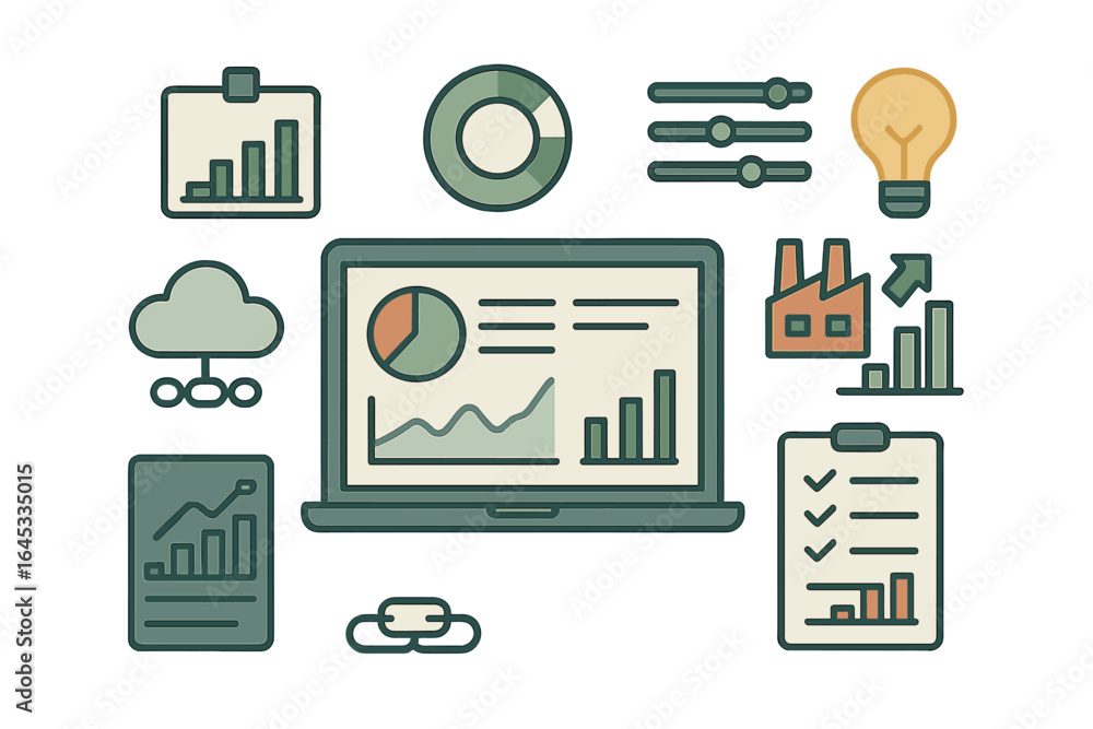 Poster data analysis tools and symbols displayed on a laptop screen with graphs and charts in a modern work