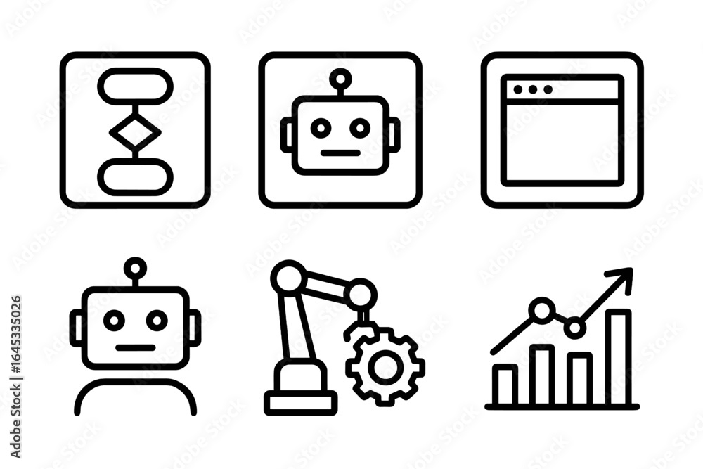 Poster various icons representing automation, robotics, and data analysis in a minimalist style on a clean 
