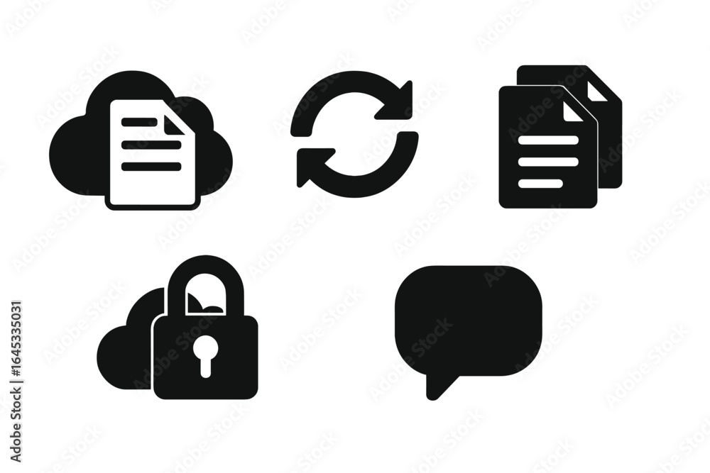 Poster cloud storage icons representing document management, data synchronization, and secure communication