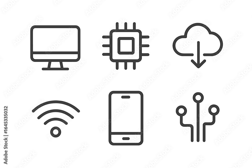 Poster technology icons representing digital devices and connectivity in a minimalist design suitable for m