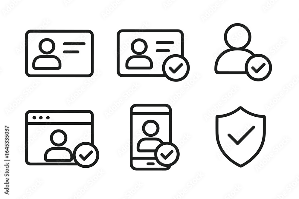 Poster digital identity verification icons representing profiles, checkmarks, and security symbols for onli