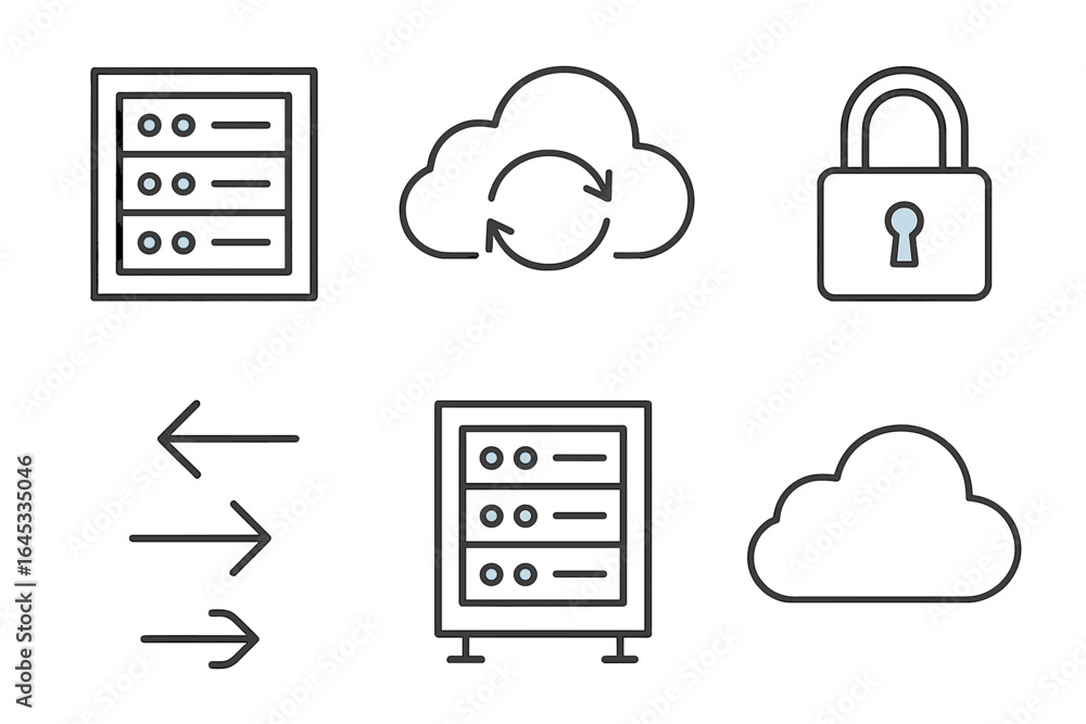 Poster cloud computing symbols showing data security, synchronization, and storage options in a modern digi