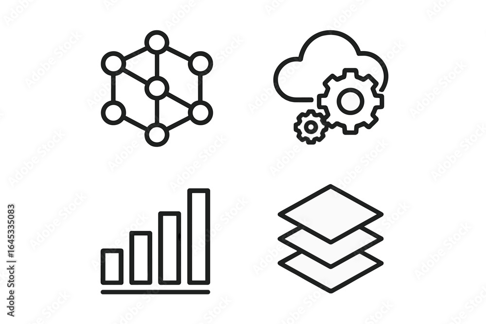 Poster visual representation of data processing, analytics, and cloud technology concepts illustrated with 