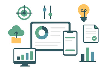 Data analysis tools and visualizations displayed on modern devices with graphs, charts, and icons for insights