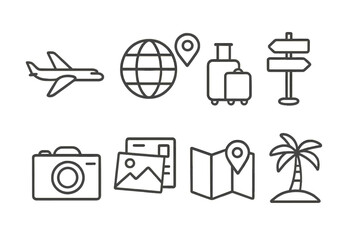 Obraz premium Travel icons representing adventure, exploration, and vacation planning in a minimalist style