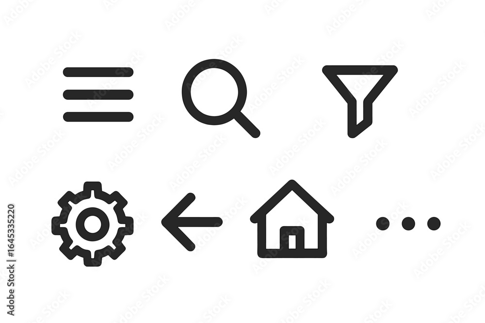 Poster icons representing navigation and search features for user interface design in technology applicatio