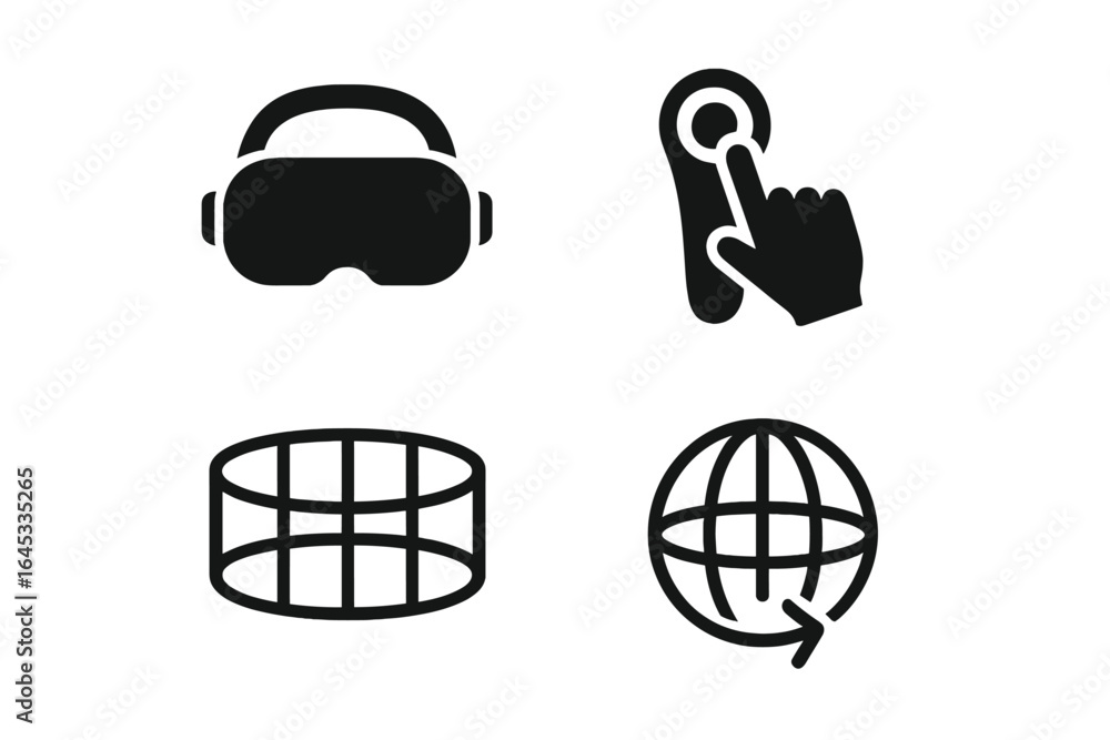 Poster virtual reality technology icons showcasing interactive components and global connectivity in modern