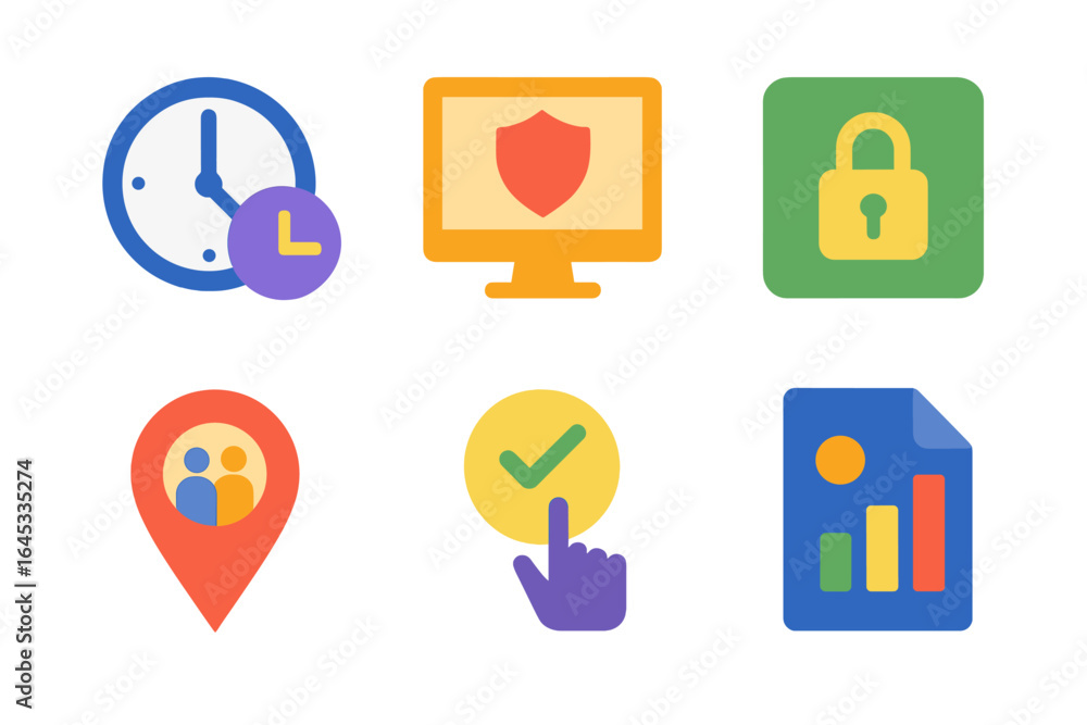 Aufkleber colorful icons representing security, time management, and data tracking in a digital context