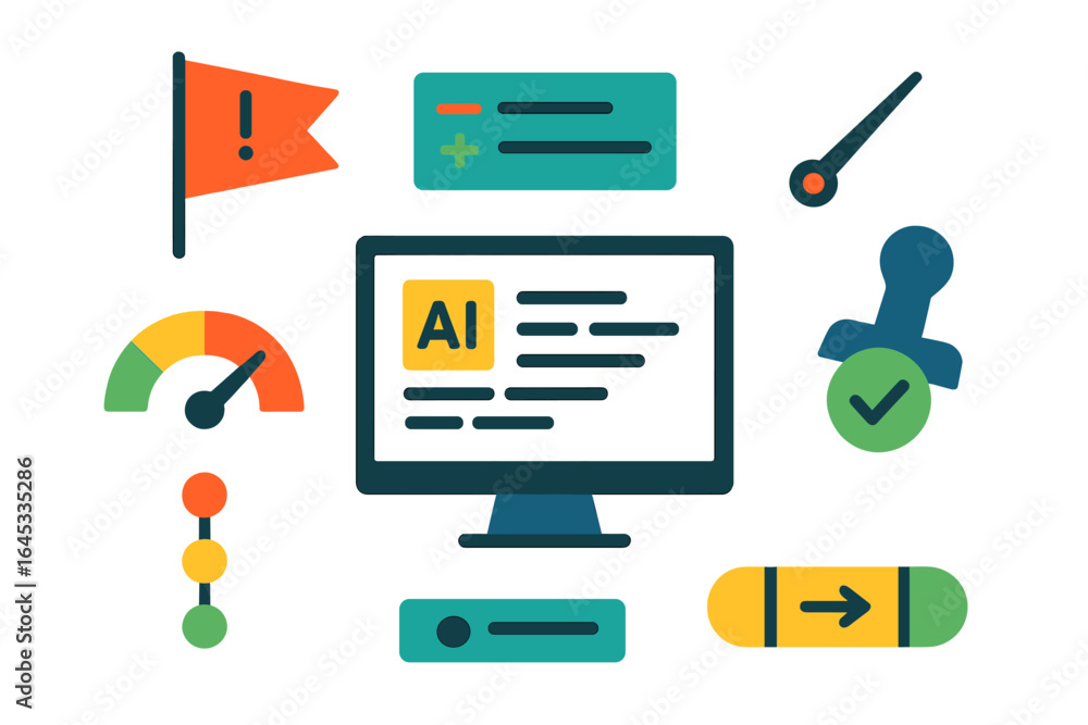 Poster elements of a digital interface showcasing ai metrics, indicators, and controls in a modern workspac