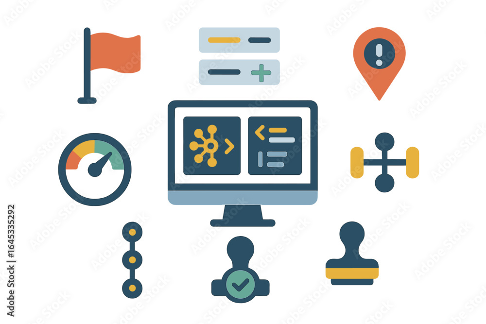 Poster digital interface showing analytics dashboard with various graphic elements and tools for data analy