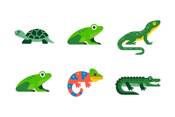 Tropical reptile mix, turtle chameleon frog crocodile snake, wildlife icons, bright cartoon vector, jungle theme