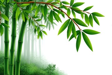 Fototapeta premium Lush green bamboo forest with fog creating a serene atmosphere
