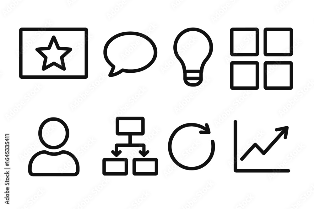 Poster icons representing communication, creativity, problem-solving, and personal development in a minimal