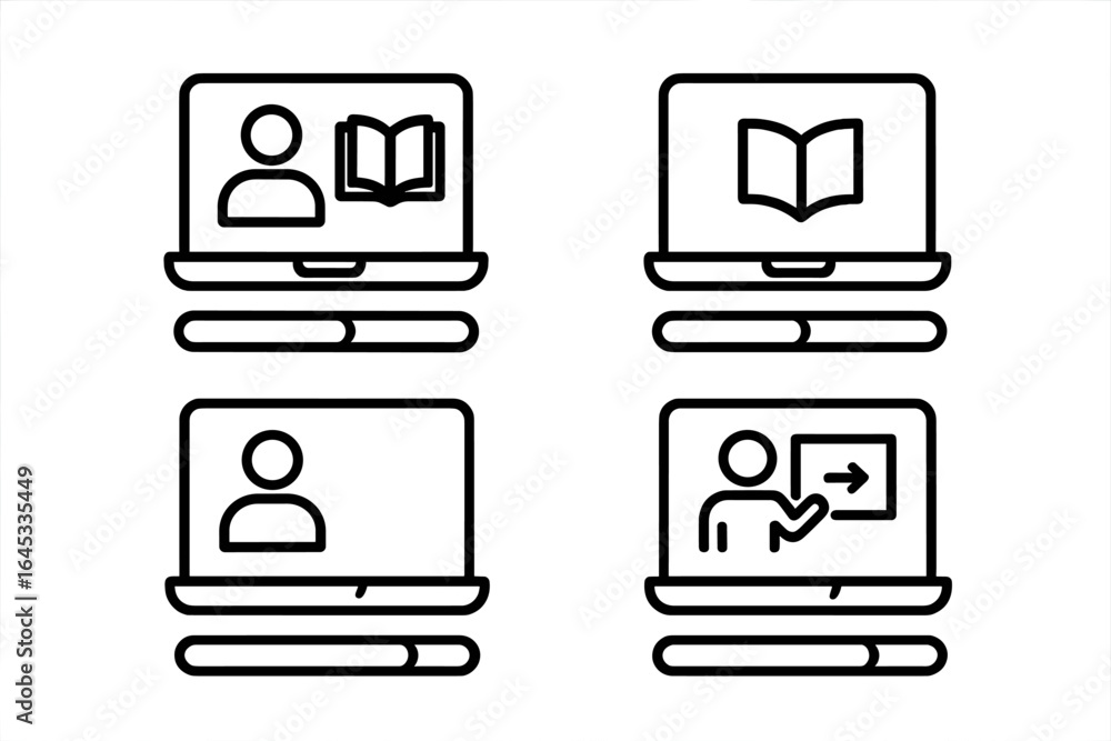 Poster online learning process represented through minimalistic icons showing various educational activitie