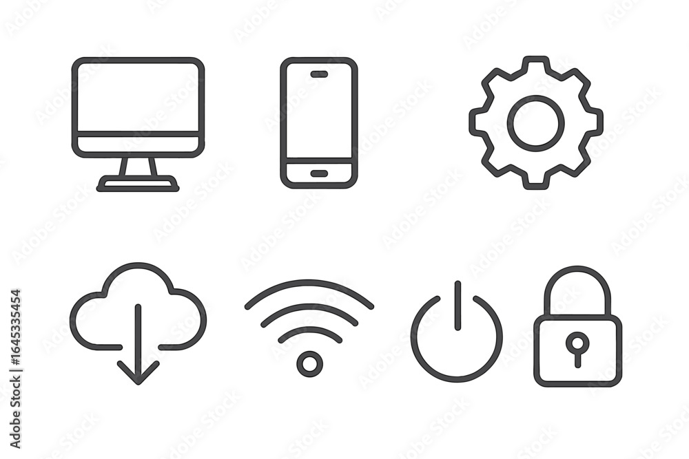 Poster icons representing technology and connectivity through various devices and symbols in a minimalist s