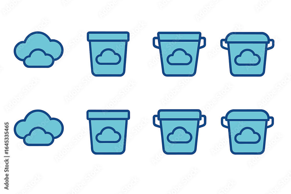 Poster cloud storage design elements showcasing various bucket icons and cloud symbols in a clean, minimali