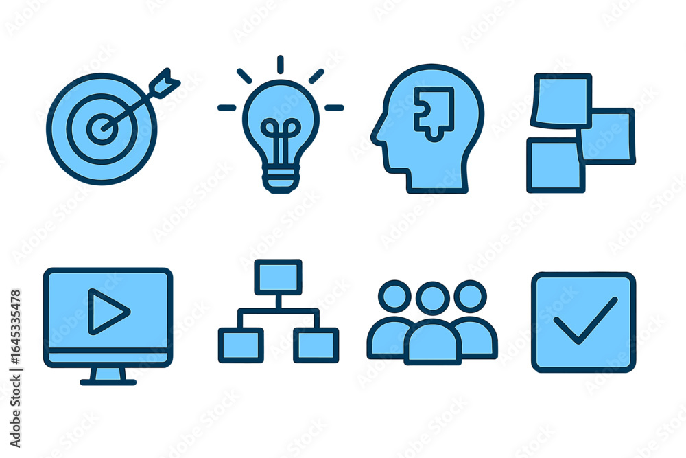 Poster visual representation of various concepts related to creativity, planning, and collaboration in a mo