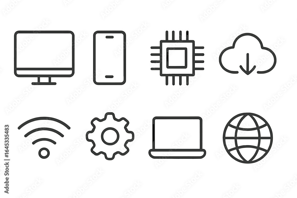 Poster various technology icons representing digital devices, internet connectivity, and computing processe