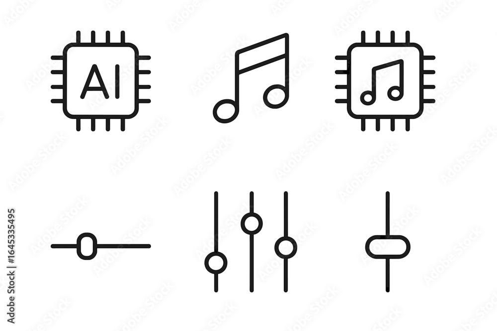 Poster illustration of artificial intelligence concepts including music notes and sliders for sound control